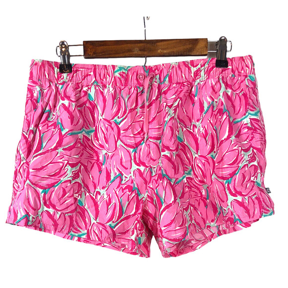 Lauren James Pink Floral Tulip Swim Pocket Water Nylon Athletic Gym Shorts Large - Picture 1 of 5